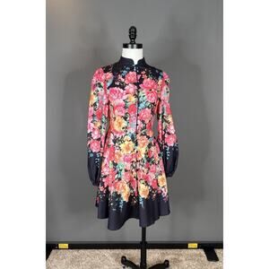 NWOT Dalia MacPhee Small S Long Sleeve Black Colorful Floral Button Front Dress